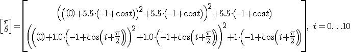 \left[ \begin{array}{c} r \\ \theta \end{array} \right]=\left[ \begin{array}{c} \left( \left( \left( 0 \right)+5.5\cdot \left( -1+\cos t \right) \right)^{2}+5.5\cdot \left( -1+\cos t \right) \right)^{2}+5.5\cdot \left( -1+\cos t \right) \\ \left( \left( \left( 0 \right)+1.0\cdot \left( -1+\cos \left( t+\frac{\pi }{2} \right) \right) \right)^{2}+1.0\cdot \left( -1+\cos \left( t+\frac{\pi }{2} \right) \right) \right)^{2}+1\cdot \left( -1+\cos \left( t+\frac{\pi }{2} \right) \right) \end{array} \right],\; t=0\ldots10